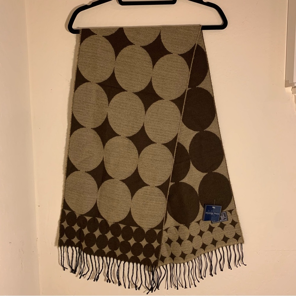 nwt 60s style brown caramel circular mod pattern jacquard tassel scarf